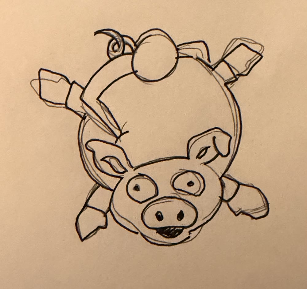 A hand-drawn ballpoint sketch of a round cartoon pig tumbling.
