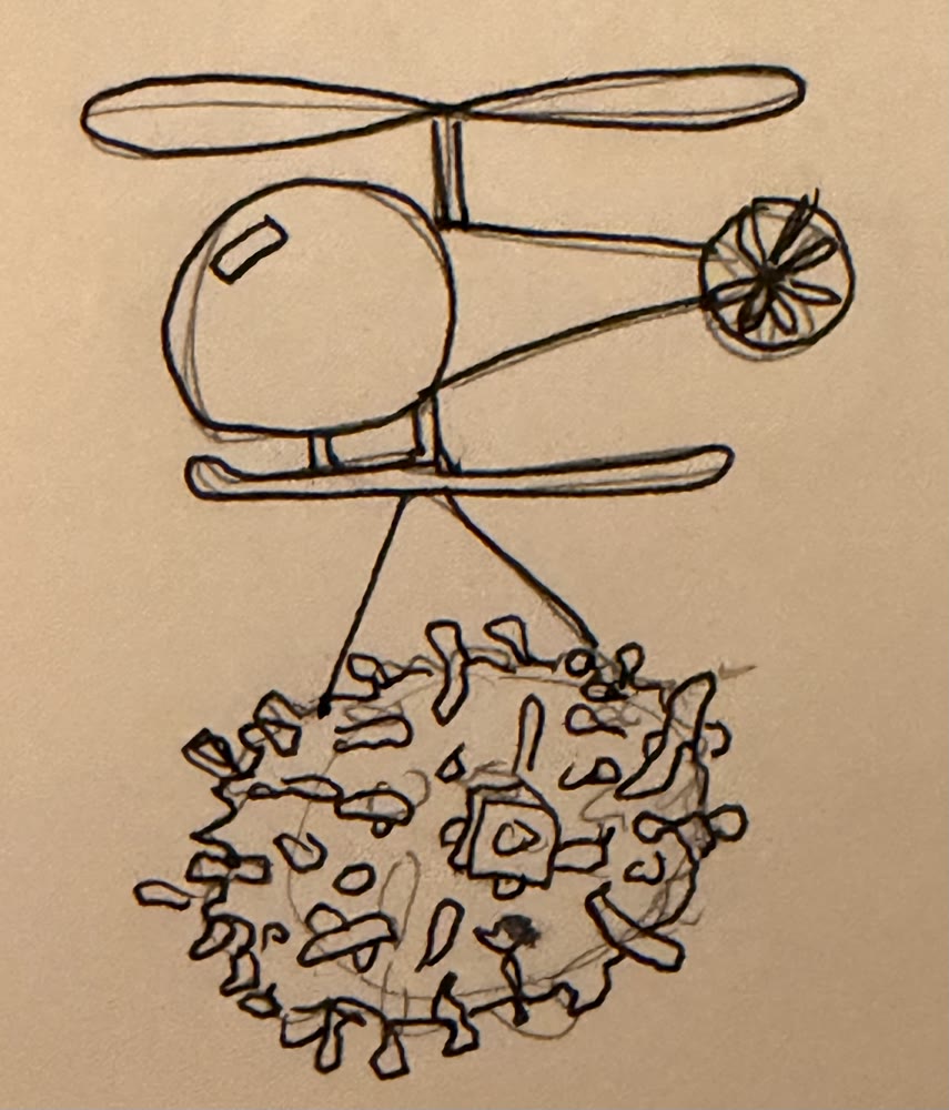 A hand-drawn sketch of a helicopter carrying a spiky naval mine slung beneath it.