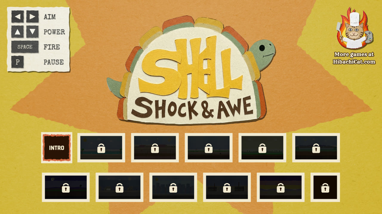 The title screen: the papercraft shell logo above the level-select mission board, with the AIM / POWER / FIRE controls sketched into the corner.