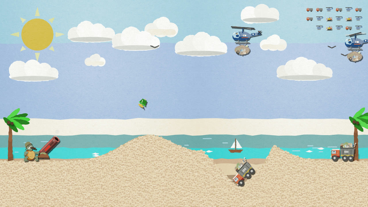 Mid-battle on the beach, the turtle's shell arcs through the sky while helicopters drop garbage bombs and dump trucks advance across the dunes.