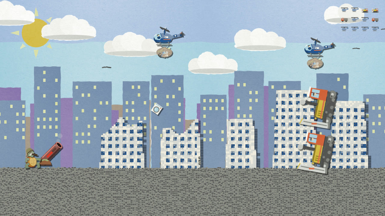 Downtown under siege: the turtle fires from the left as garbage trucks and helicopters batter a papercraft city skyline.