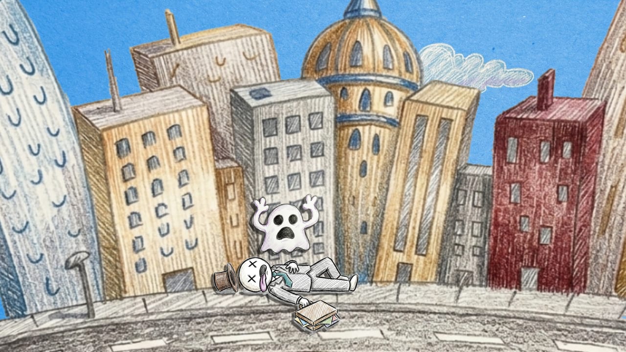 A ghost popping out of a freshly dropped businessman on a city street, briefcase and hat still on the pavement.