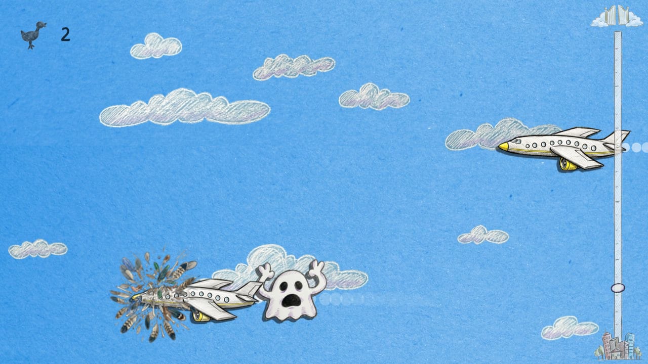 The ghost dodging mid-sky as a plane bursts through a duck in a cloud of feathers.